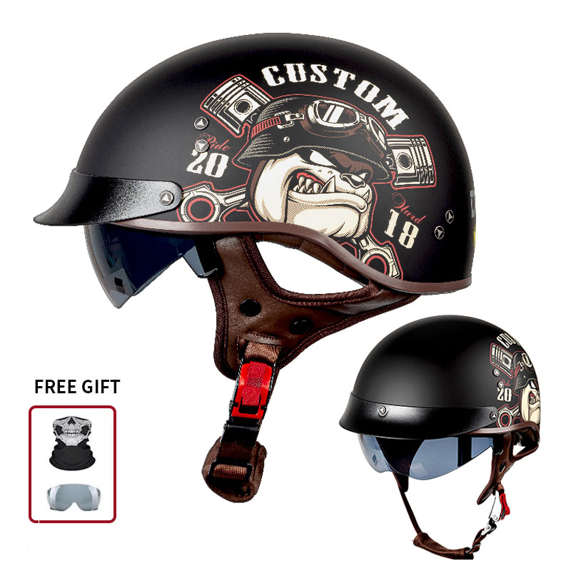 Vintage Open Face Retro Helmet - Vintage-Halbgesichts-Motorradhelm mit individuellem Bulldog-Motorkolben-Aufdruck, Retro-Sicherheitshelm mit